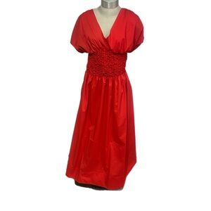 Red Smocked Wrap Maxi Dress with Dolman Sleeves
